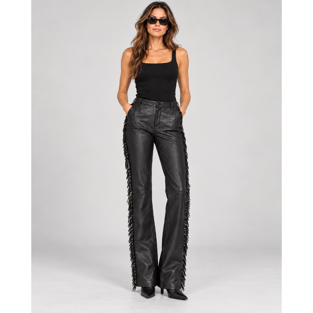 Bebe vintage Leather Pants Womens Size 8 Black Western Flare Side Tassel Y2K